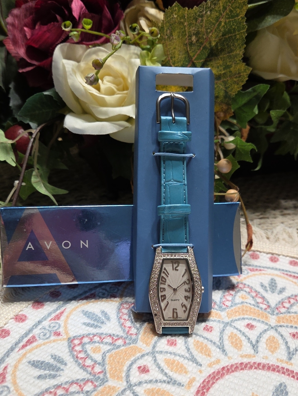 Avon Turquoise Faux-Leather Strap Watch with Crystal-Trim Case